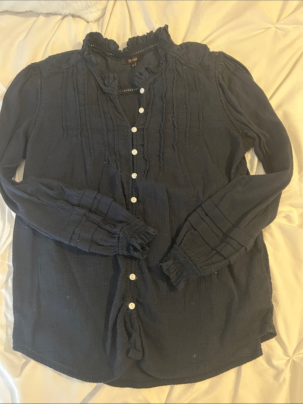 Quince Midnight Navy Pintuck Ruffle Blouse